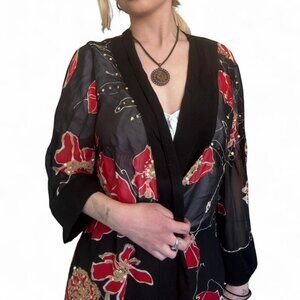 Dana Kay black floral kimono with gold accents and beaded details